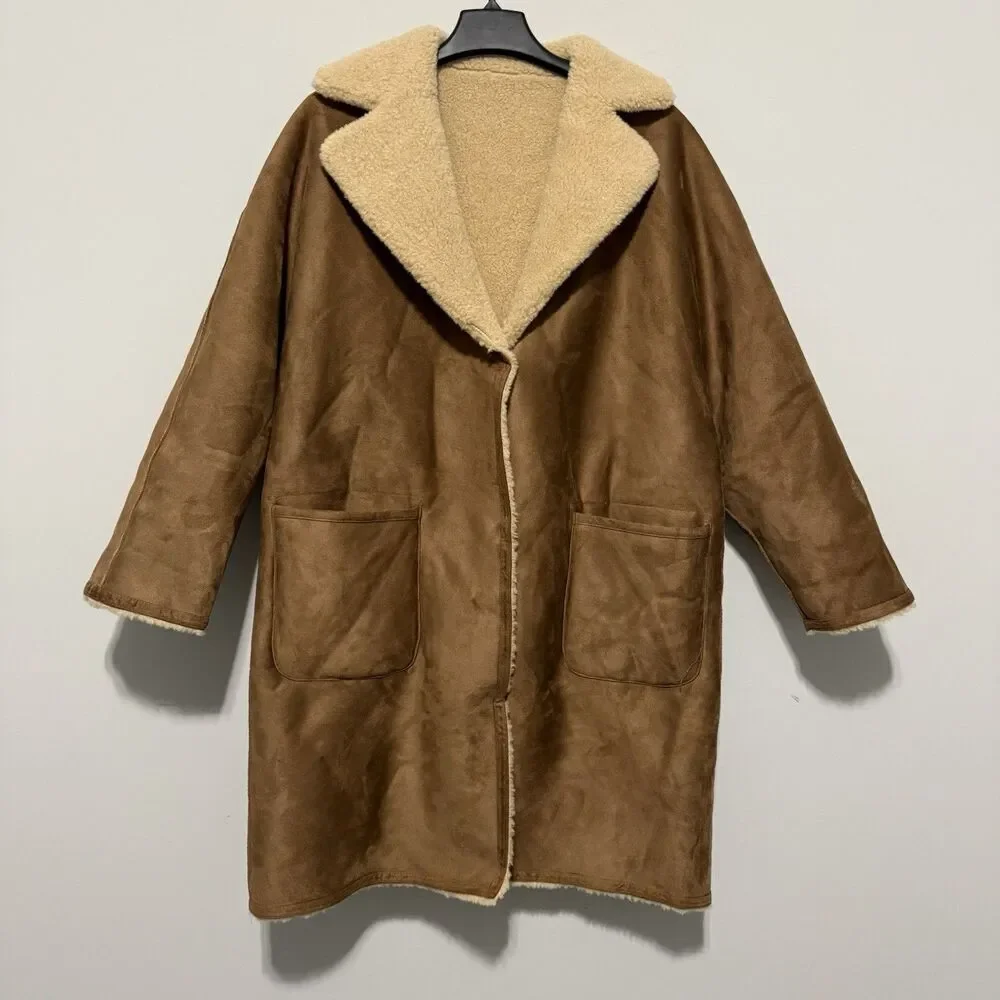 Mango Shearling look boho retro‎ statement vintage classic coat NWT XL